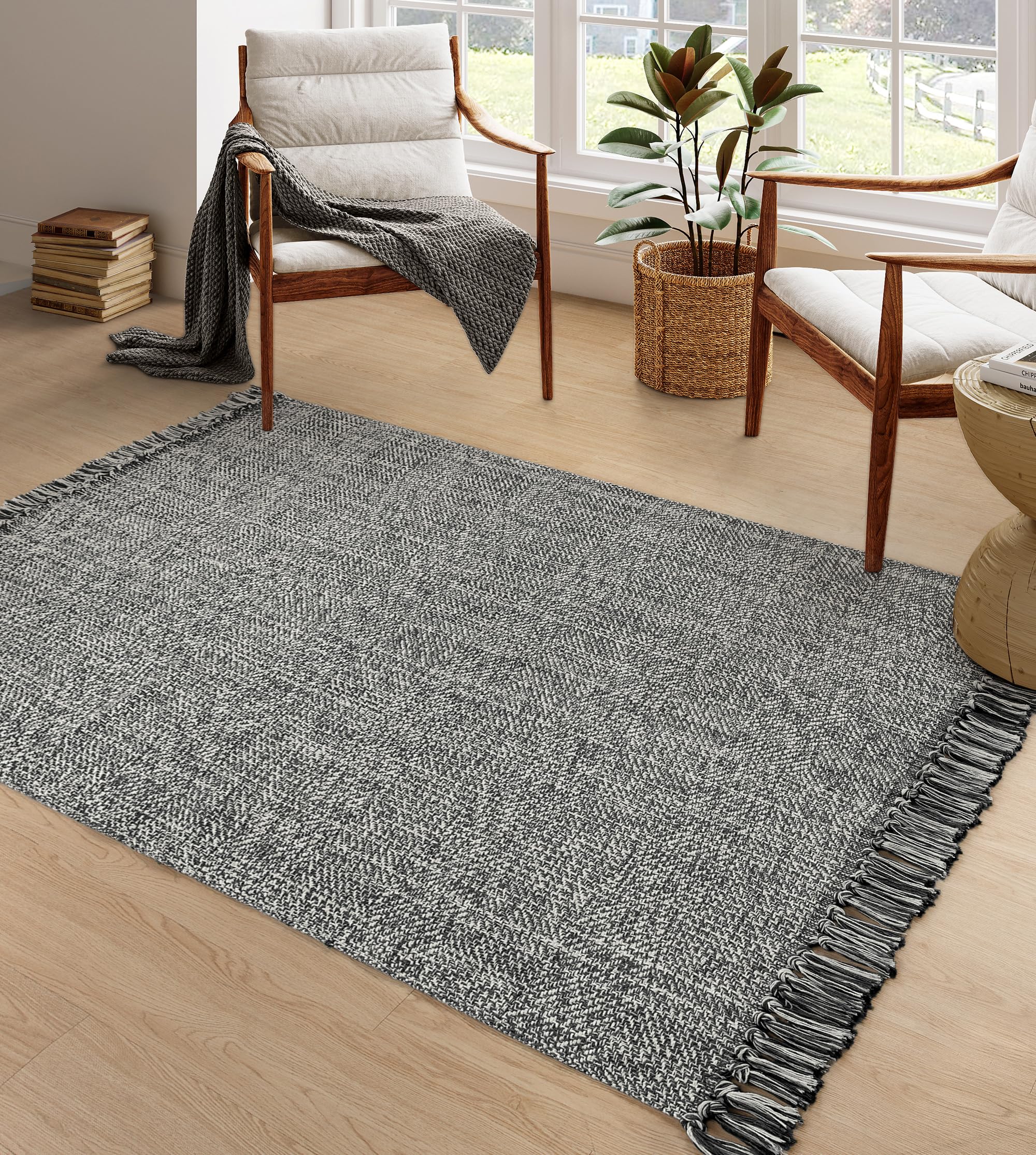Collive Comfy Area Rug 4' x 6', Tan/Cream Woven Cotton Bedroom Rugs, Modern Indoor Accent Rug Floor Carpet with Tassel for Living Room, Nursery Room, Dining Room, Bedside, Office, Patio Decor