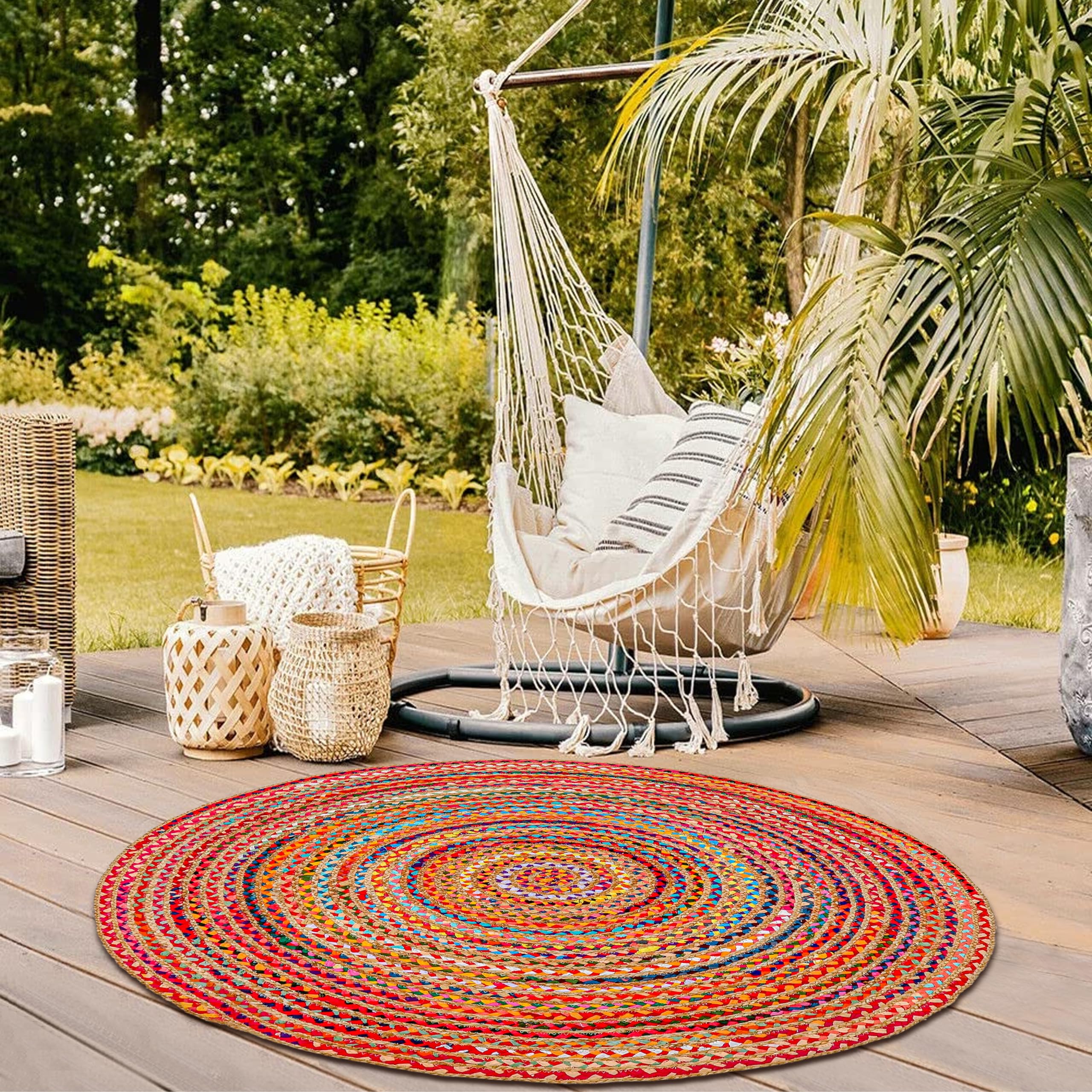 Hausattire Hand Woven Jute Braided Rug, 4’ Round – Natural, Reversible Boho Entry Area Rugs for Kitchen, Living Room I Farmhouse Decorative Floor Rug, 4 Feet Round